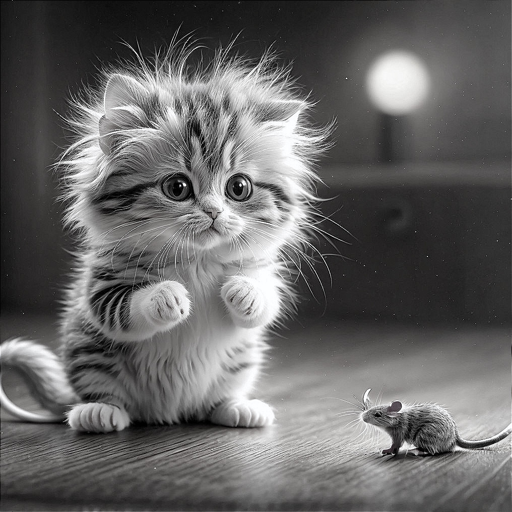 Fluffy Striped Kitten on Wooden Floor in Black and White