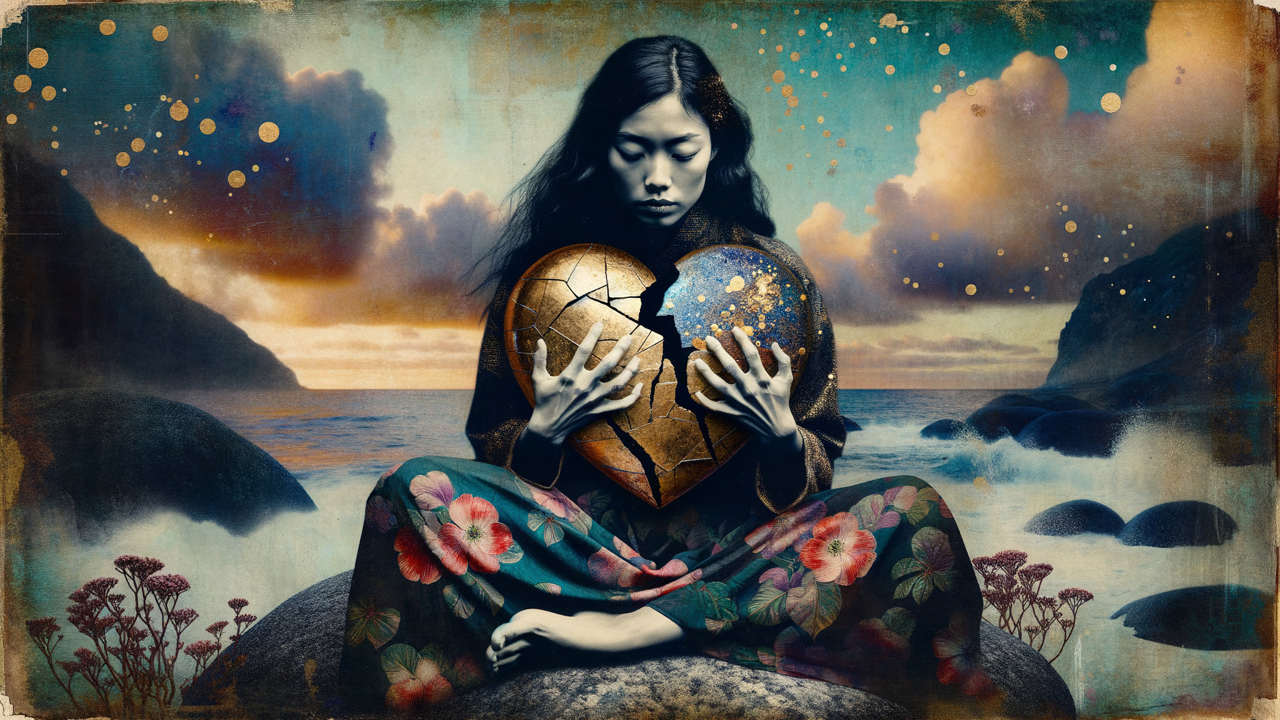 Serene Woman on Rocky Shore with Heart Halves