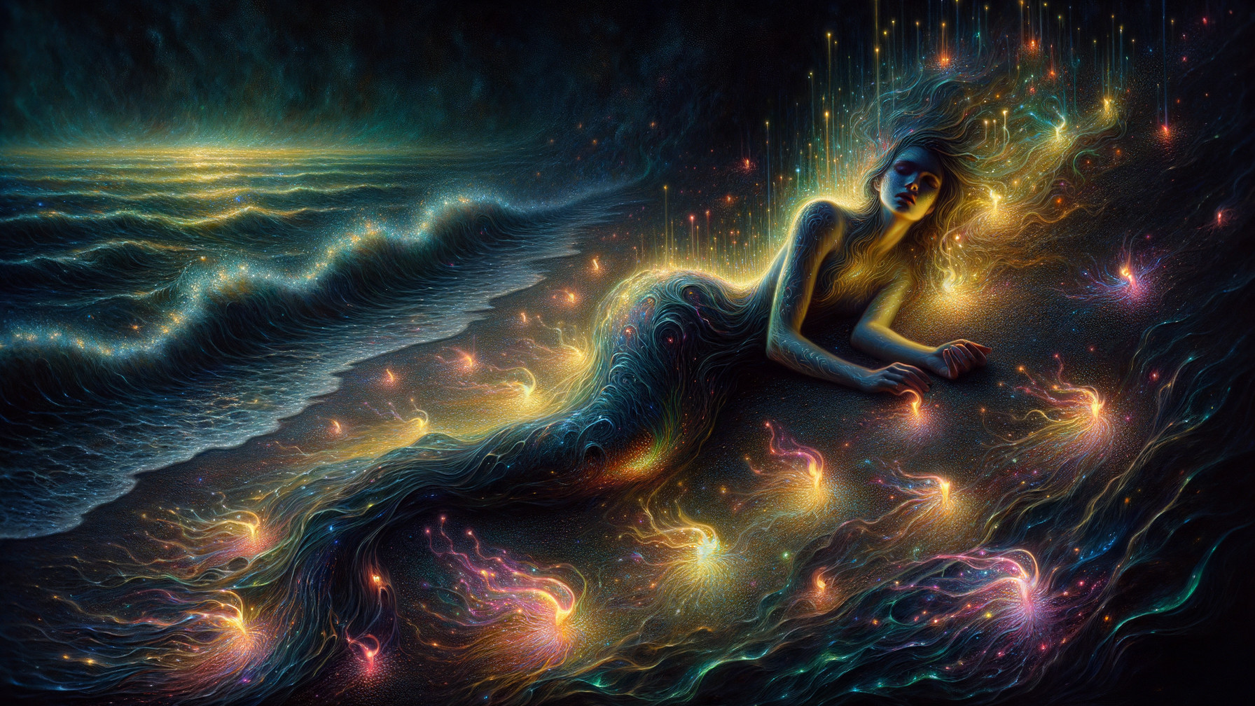 Luminous Mermaid on Shimmering Shore at Night