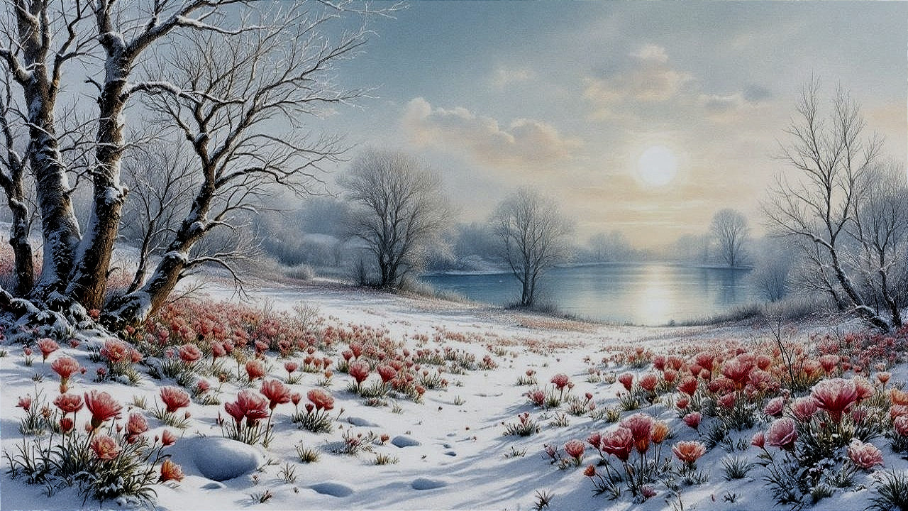 Winter Landscape with Snow and Emerging Tulips