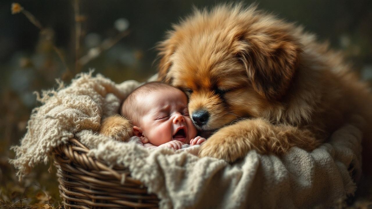 Fluffy Dog Comforts Sleeping Baby in Cozy Basket