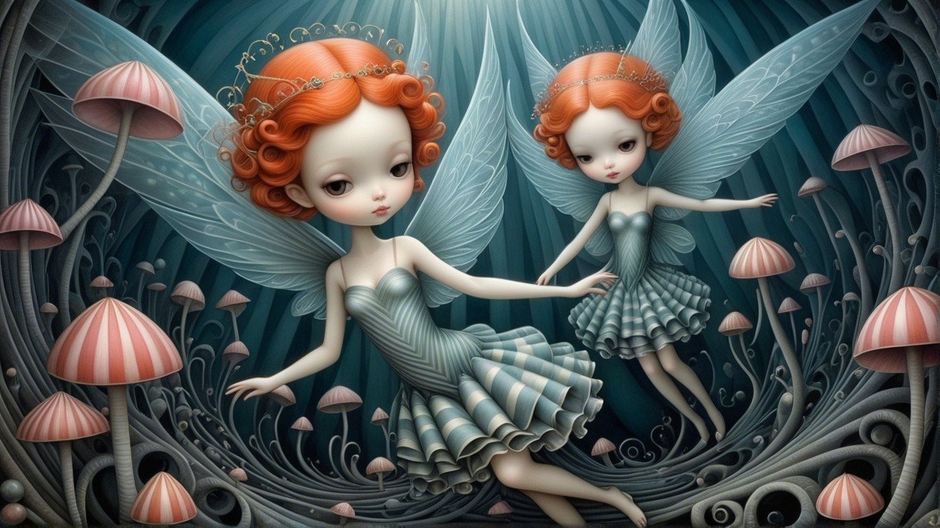 Whimsical Fairy Figures Among Oversized Mushrooms