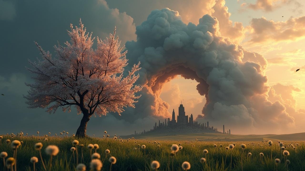 Blossoming Tree Against Vibrant Sunset Landscape