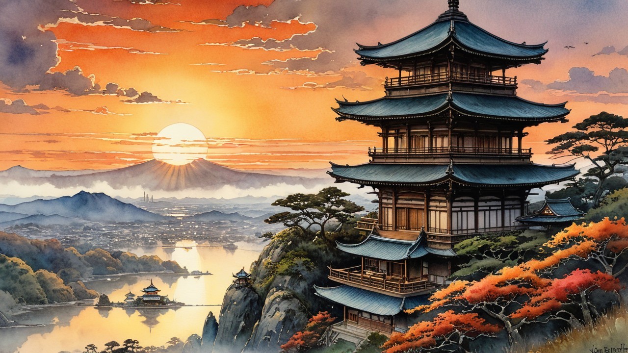 Majestic pagoda and serene lake at sunset scene