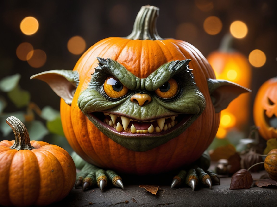 Mischievous Goblin in a Carved Pumpkin Scene