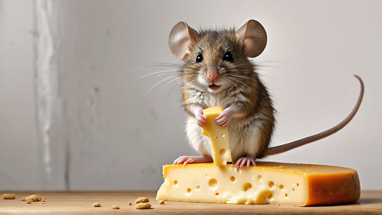 Mouse with Cheese on Wooden Surface and Crumbs