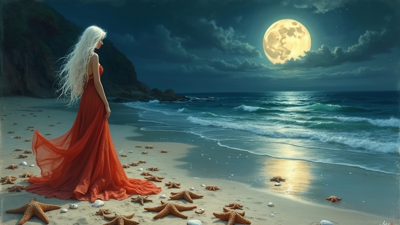 Serene Beach Scene Under Full Moon with Starfish