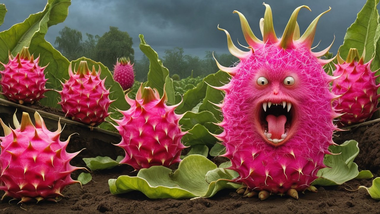 Whimsical Landscape with Colorful Dragon-like Fruits