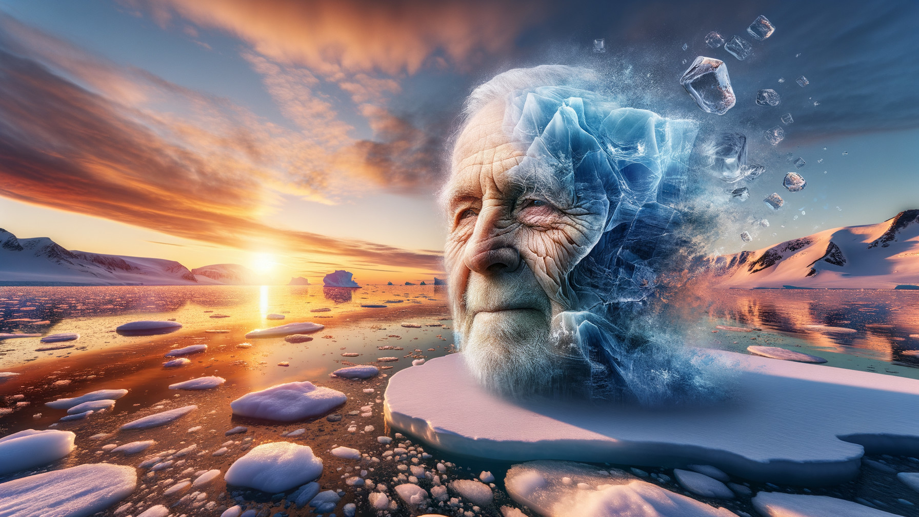 Surreal Landscape with Icy Waters and Translucent Face