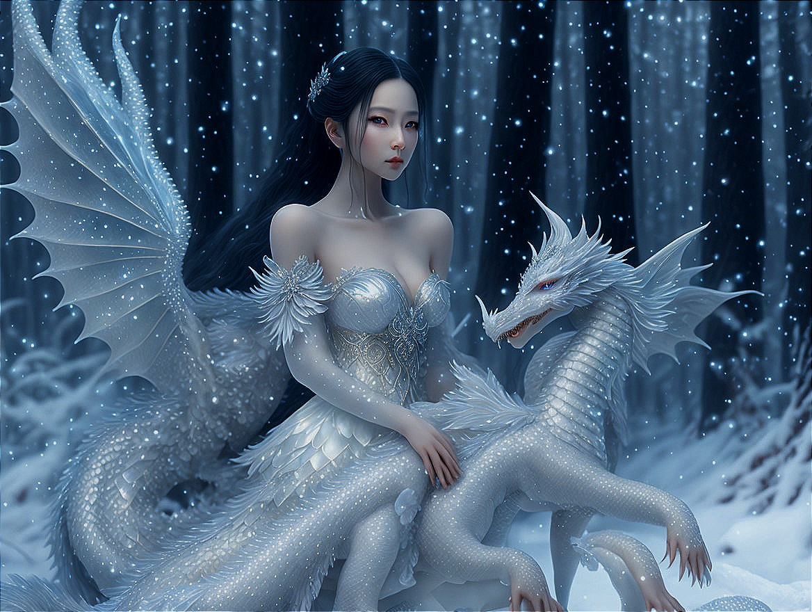 Serene winter scene with a mystical woman and dragon