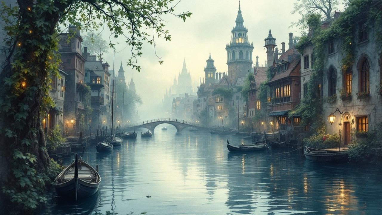 Misty River Scene with Old-World Architecture