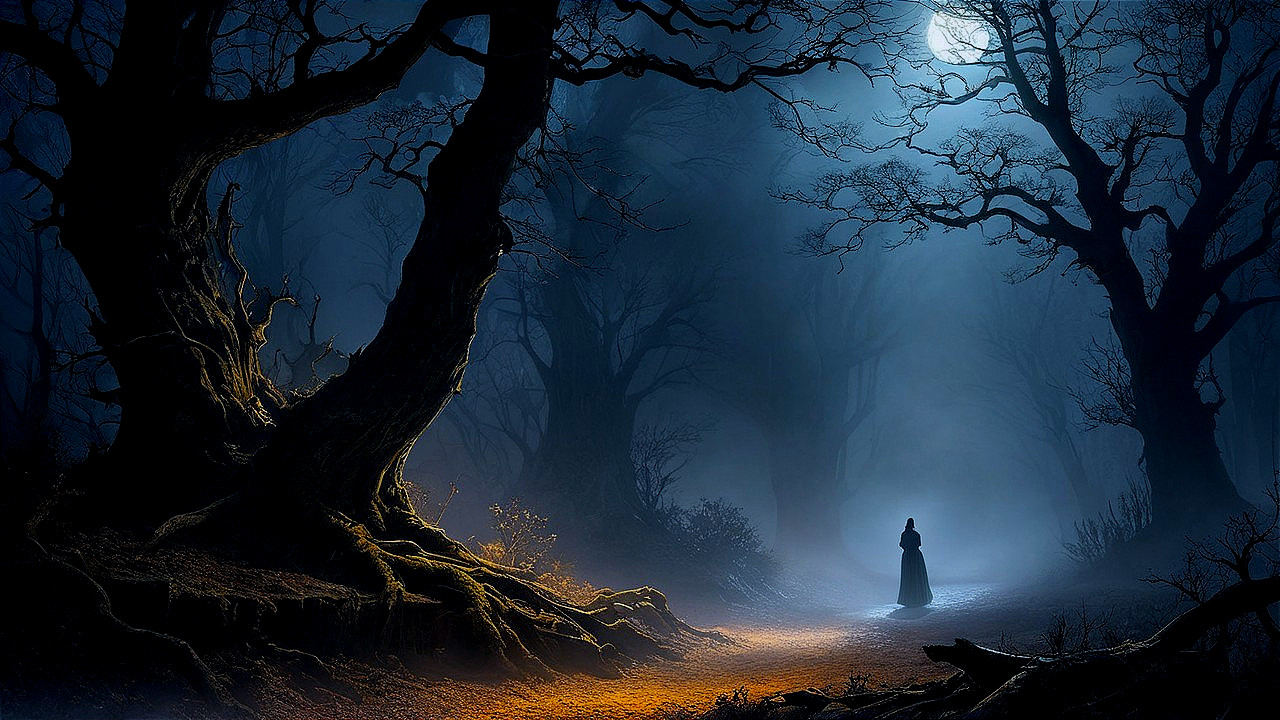 Mysterious Moonlit Forest with Fog and Gnarled Trees