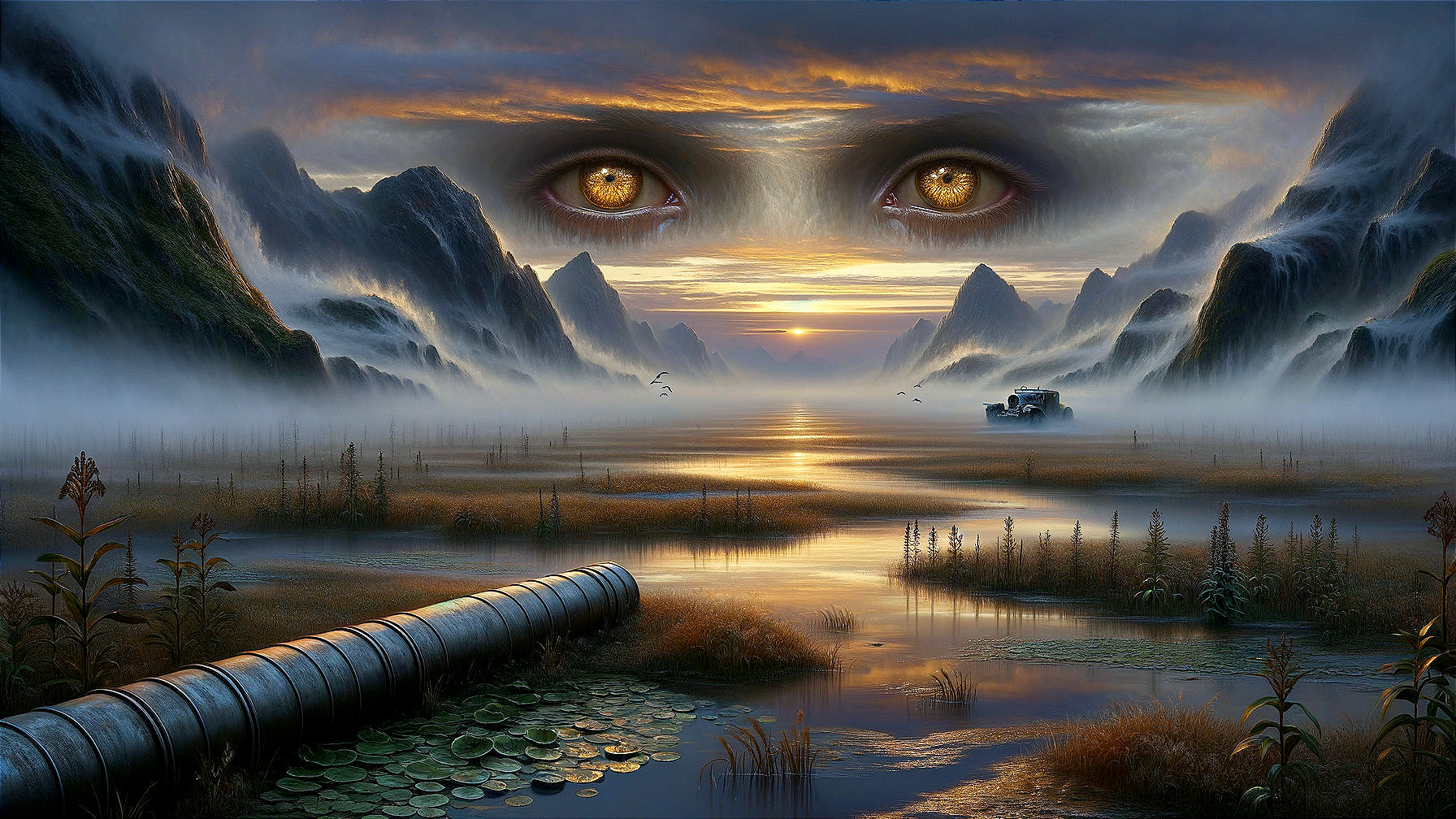 Tranquil Landscape with Sunset and Majestic Mountains