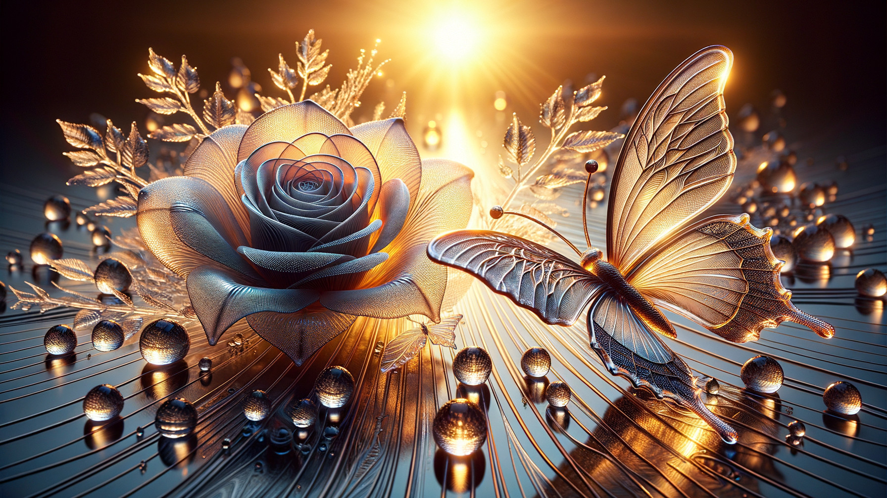 Intricate Rose and Butterfly in Golden Hues