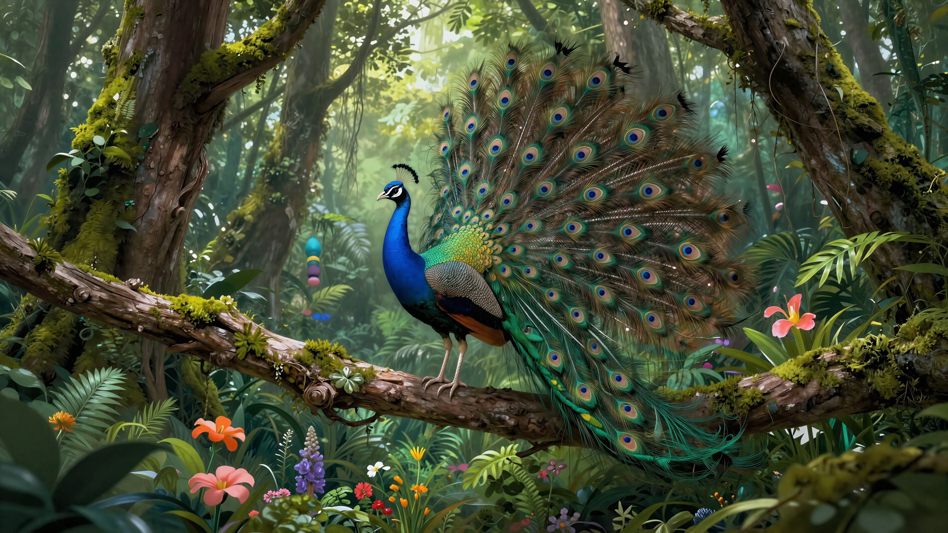 Majestic Peacock on Mossy Branch in Vibrant Jungle