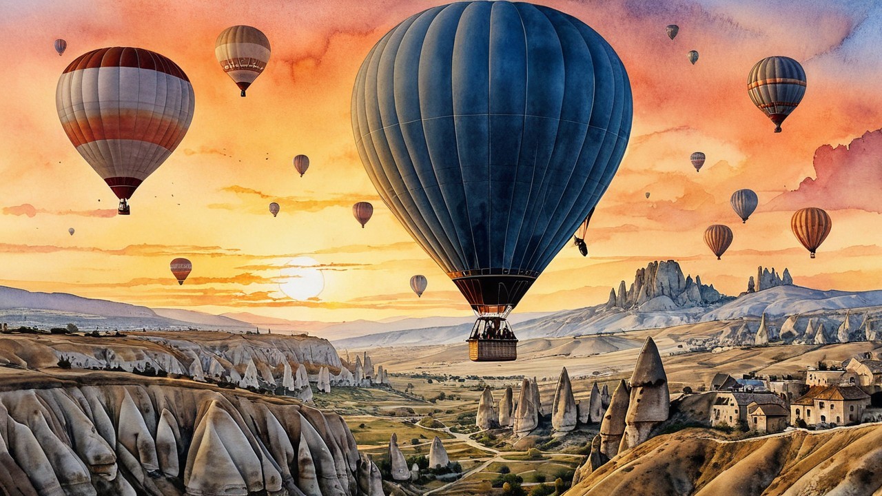 Hot Air Balloons Over Scenic Sunset Landscape