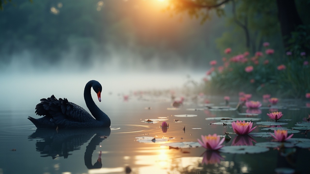 Dawn at a Misty Lake with a Black Swan and Lotus Flowers