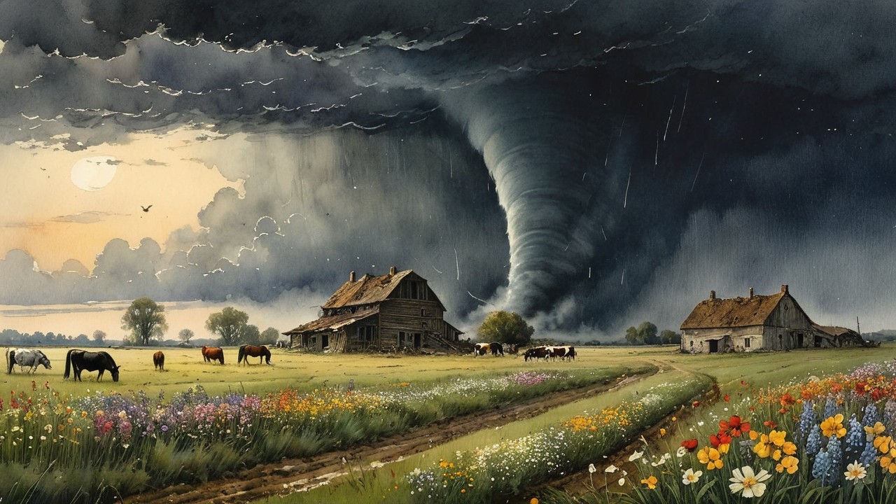 Tornado Threatens Serene Rural Landscape with Farmhouses