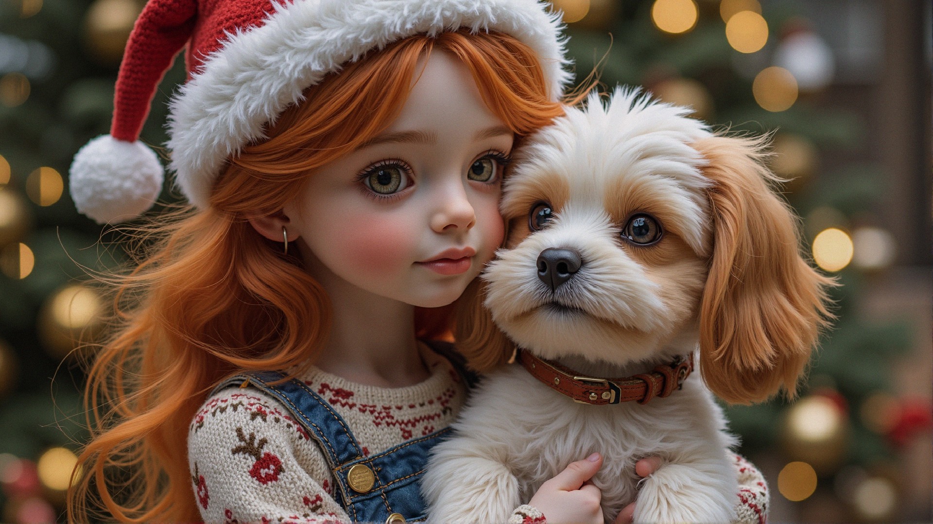 Red-haired girl with puppy and Christmas decorations