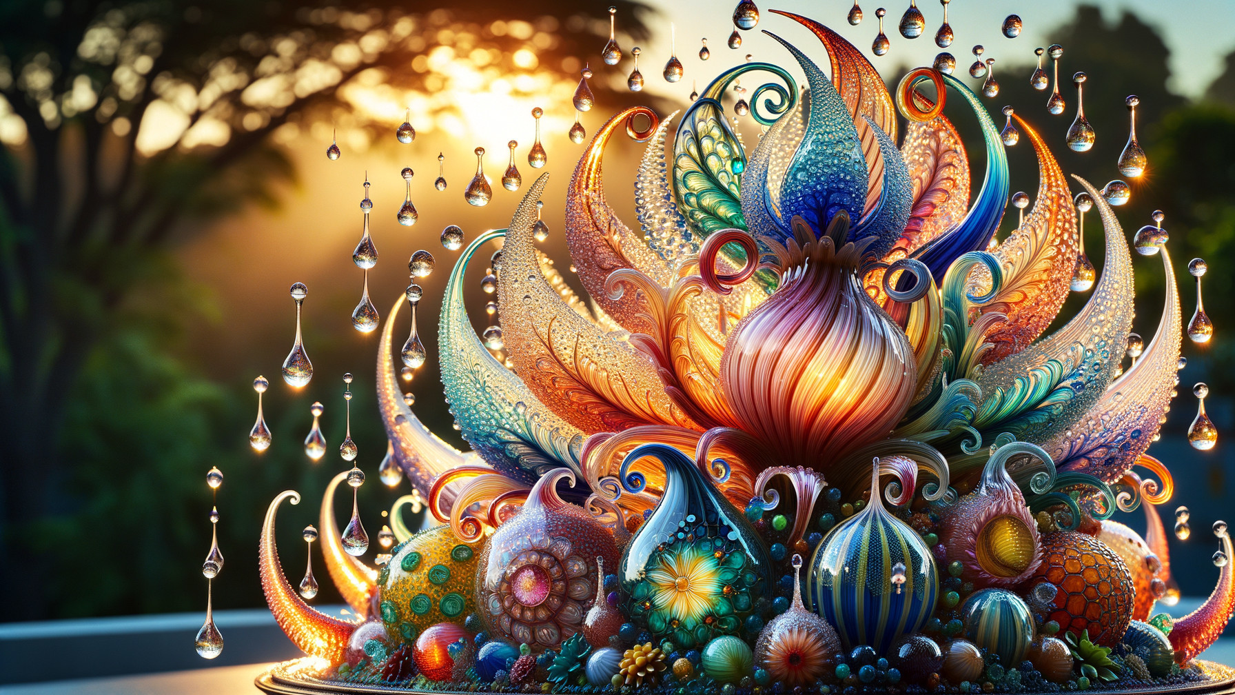Vibrant Flower Sculpture with Cascading Droplets