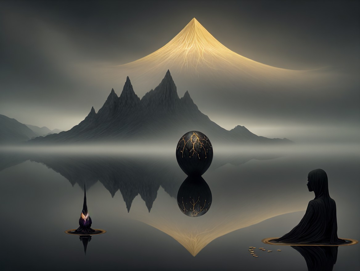 Surreal Landscape with Water, Mountains, and Figures