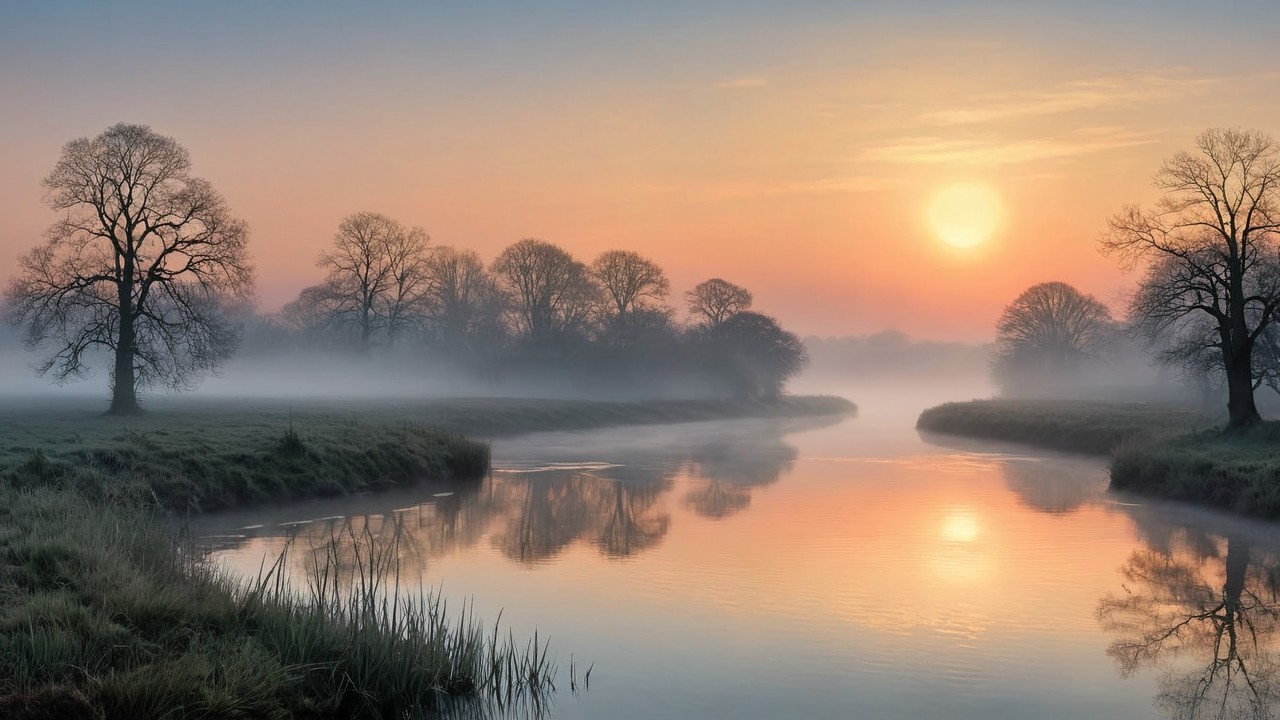 Tranquil Dawn Landscape with River and Mist