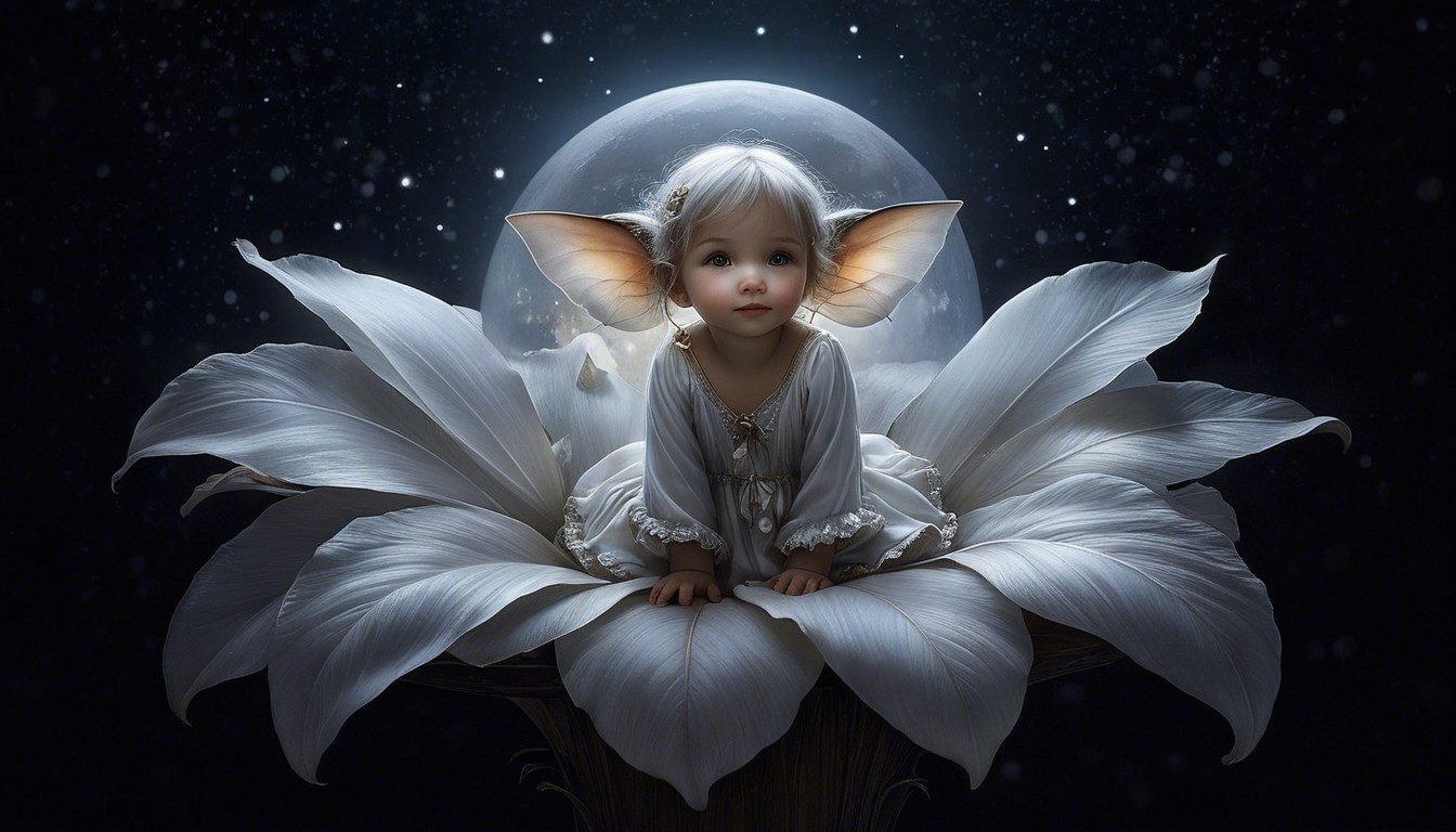 Child on Giant Flower Under Full Moonlight
