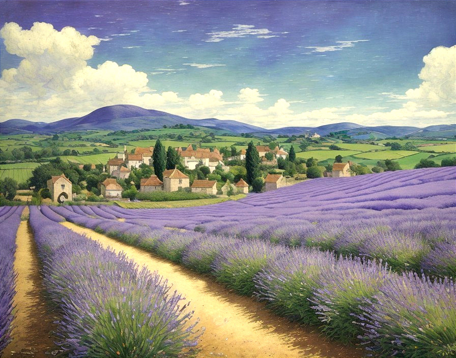 Vibrant Lavender Fields and Quaint Village Landscape