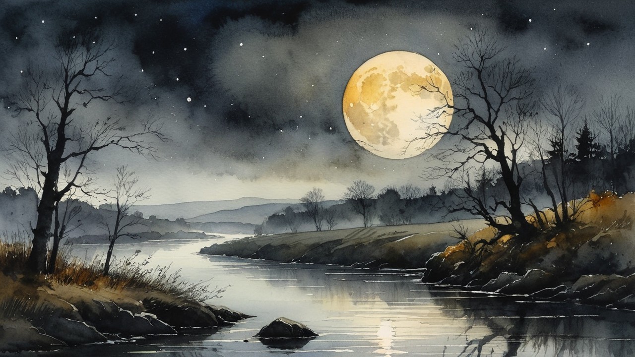 Watercolor Landscape of River and Full Moon Serenity