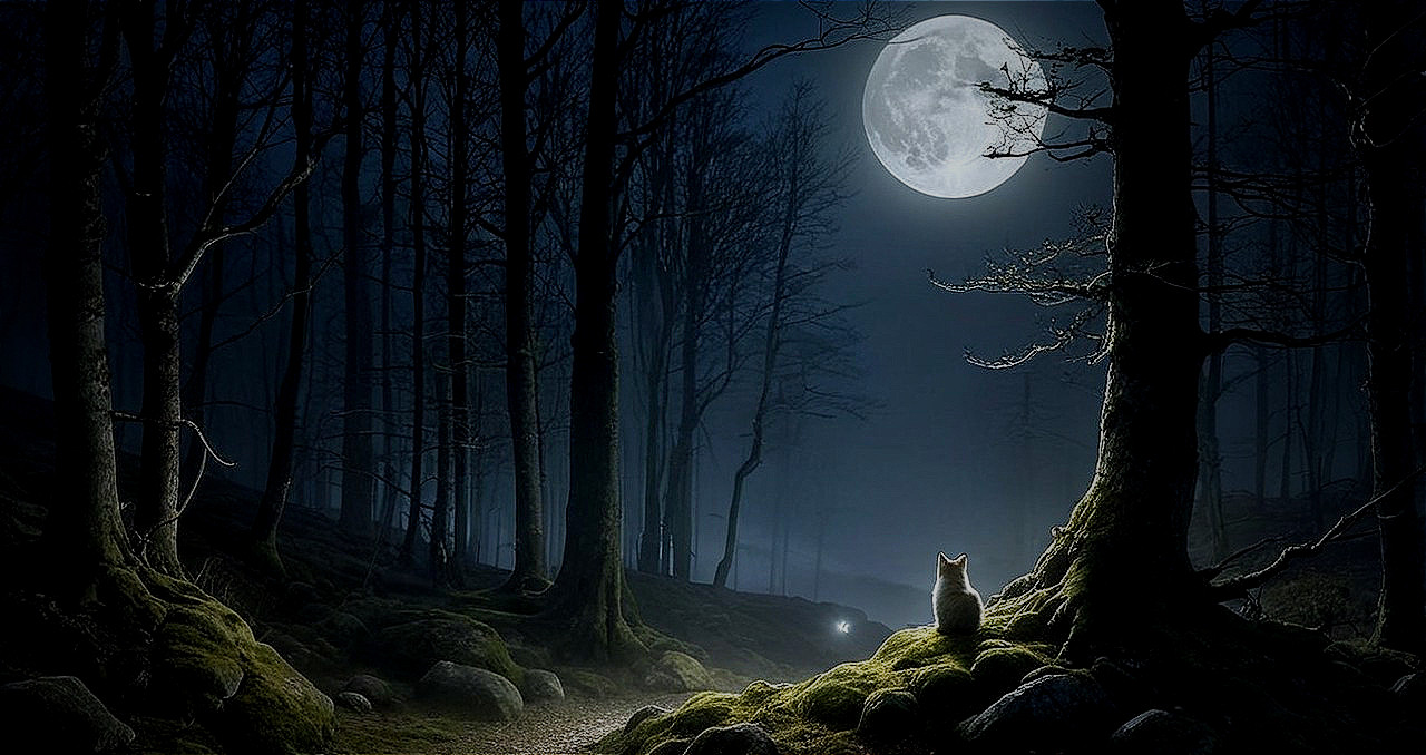 Moonlit Forest Scene with Cat on Mossy Rock