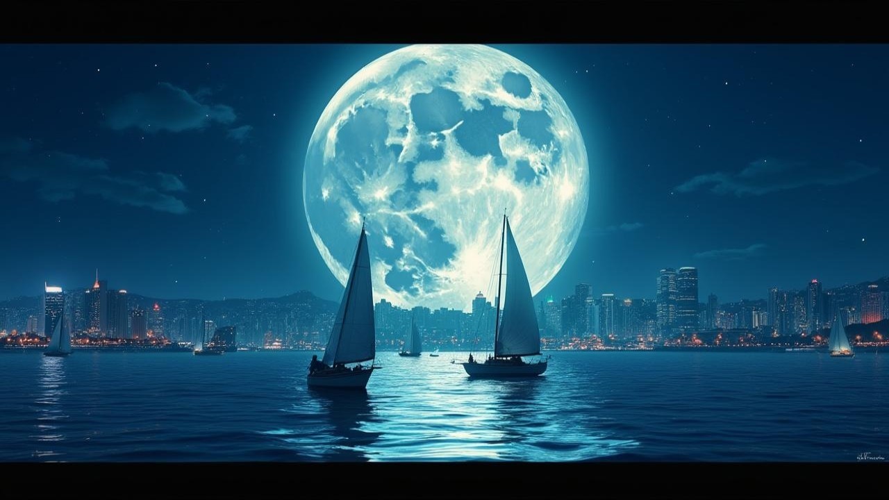 Serene Night at Waterfront with Sailboats and City Skyline