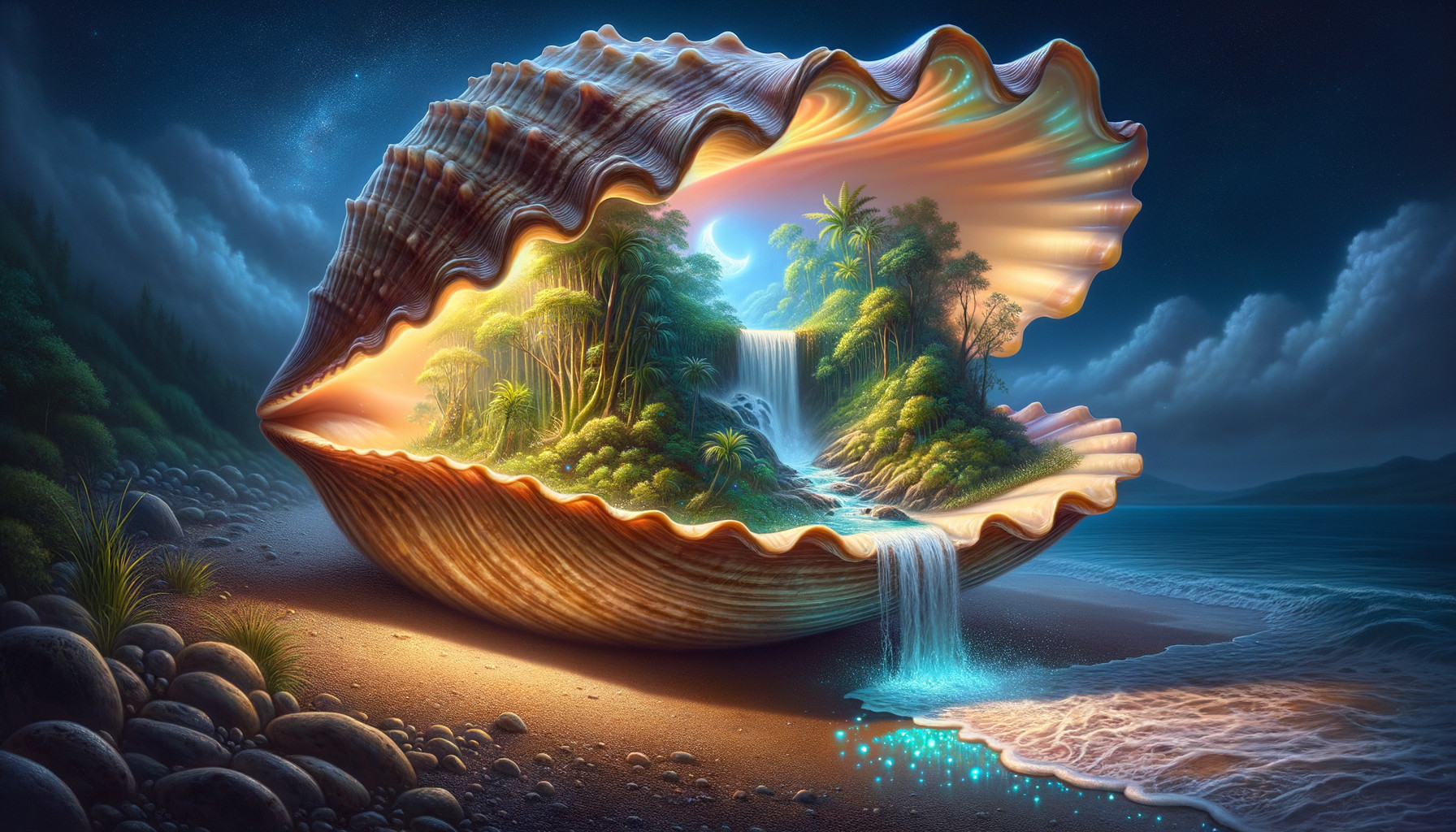 Detailed Seashell with Miniature Tropical Landscape