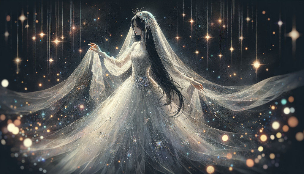 Ethereal bride in shimmering gown under starlit sky