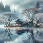 Serene Landscape with Cottages by Misty Lake