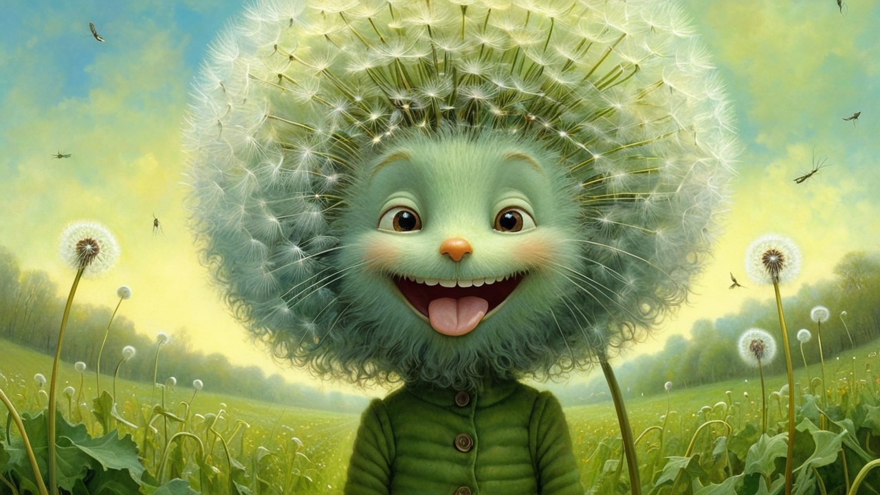 Whimsical Character in Vibrant Dandelion Landscape