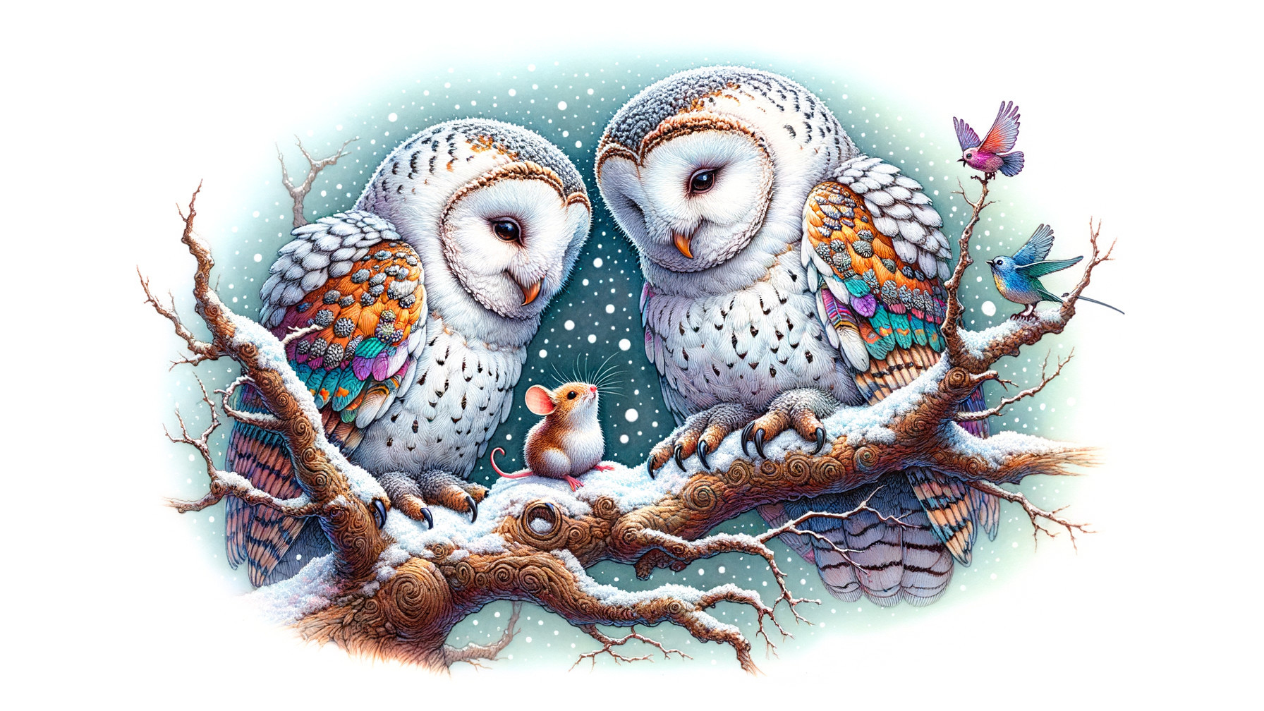 Barn Owls with Colorful Wings in Winter Scene