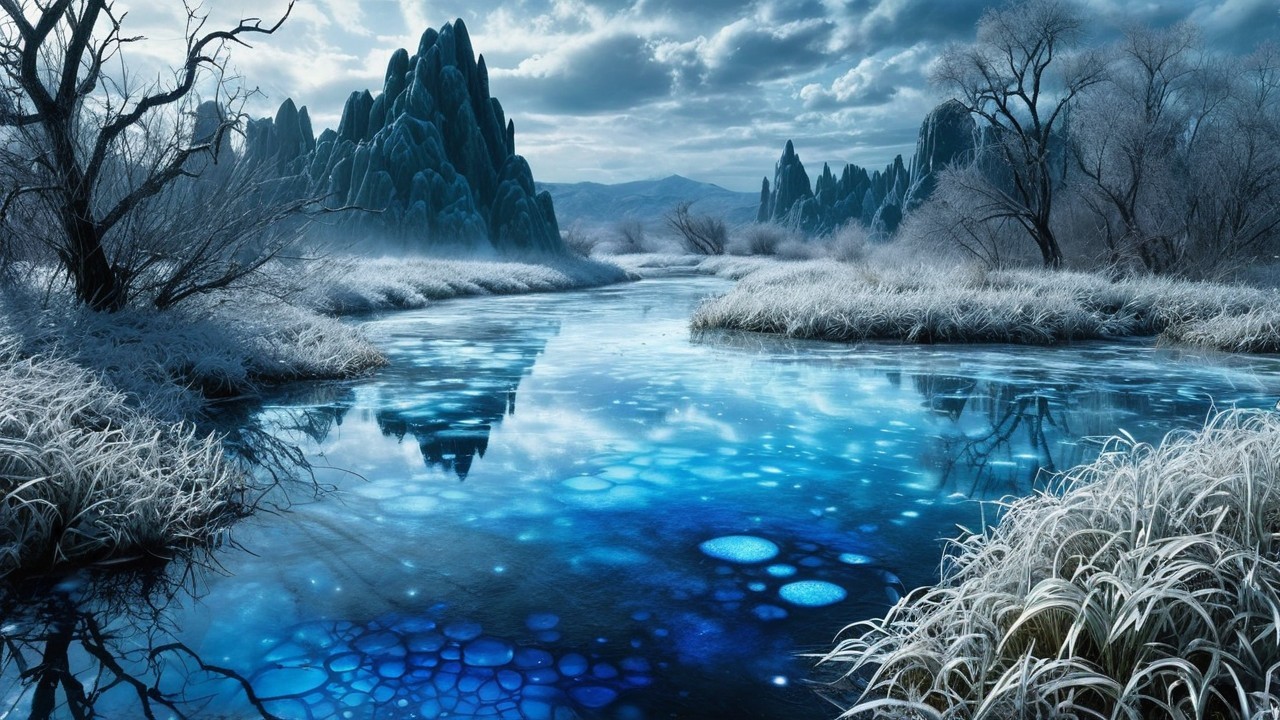 Serene Winter Landscape with River and Mountains