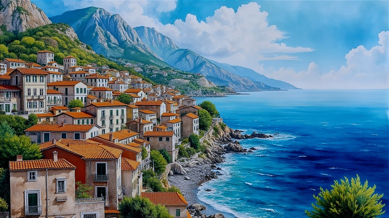 Picturesque Coastal Town with Stone Houses and Sea