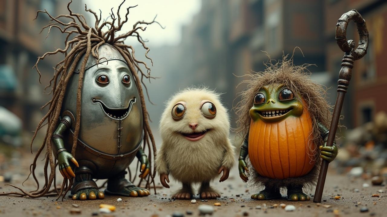 Whimsical Creatures in a Post-Apocalyptic Scene