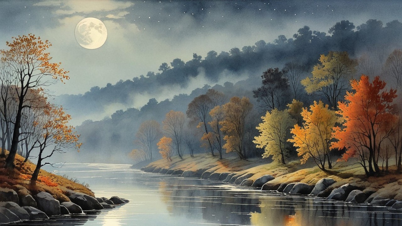 Serene River Landscape Under Full Moon and Autumn Trees