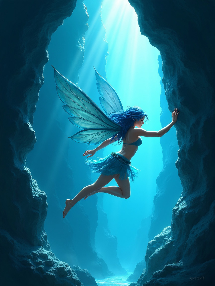 Mystical Fairy in Luminous Underwater Cave Scene