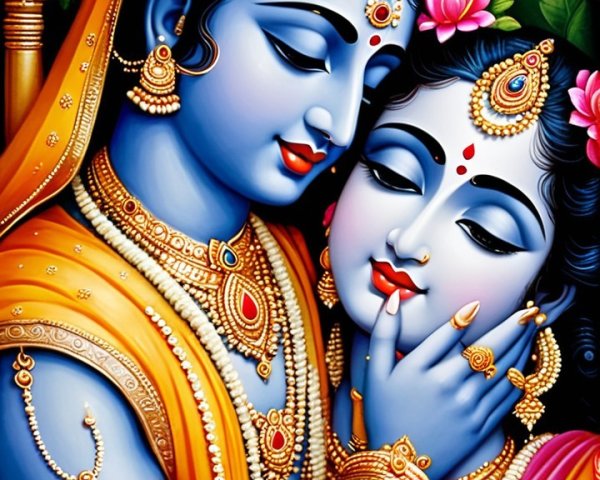 Lord Krishna and Radha in Tender Embrace with Nature