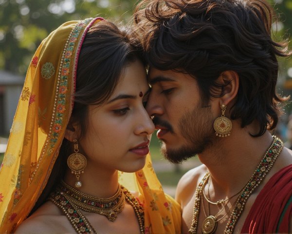 Couple in Traditional Attire with Romantic Atmosphere