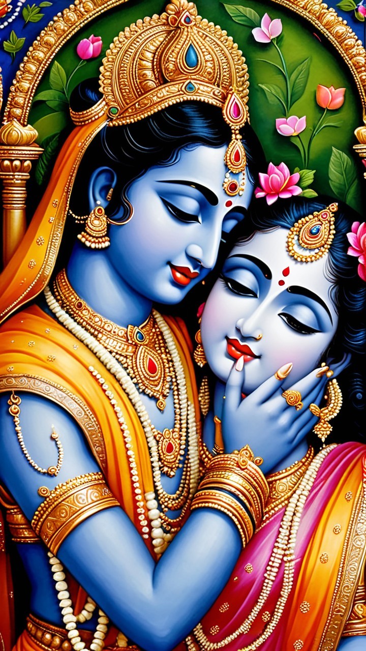 Lord Krishna and Radha in Tender Embrace with Nature