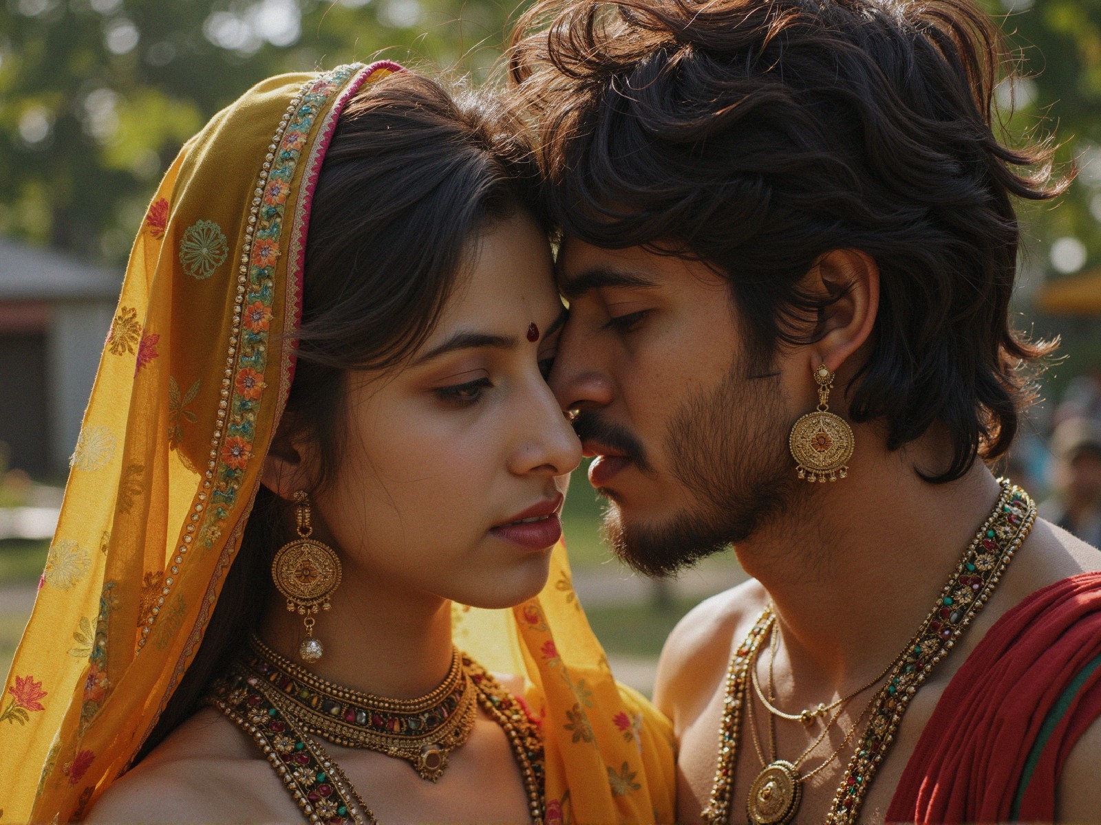 Couple in Traditional Attire with Romantic Atmosphere