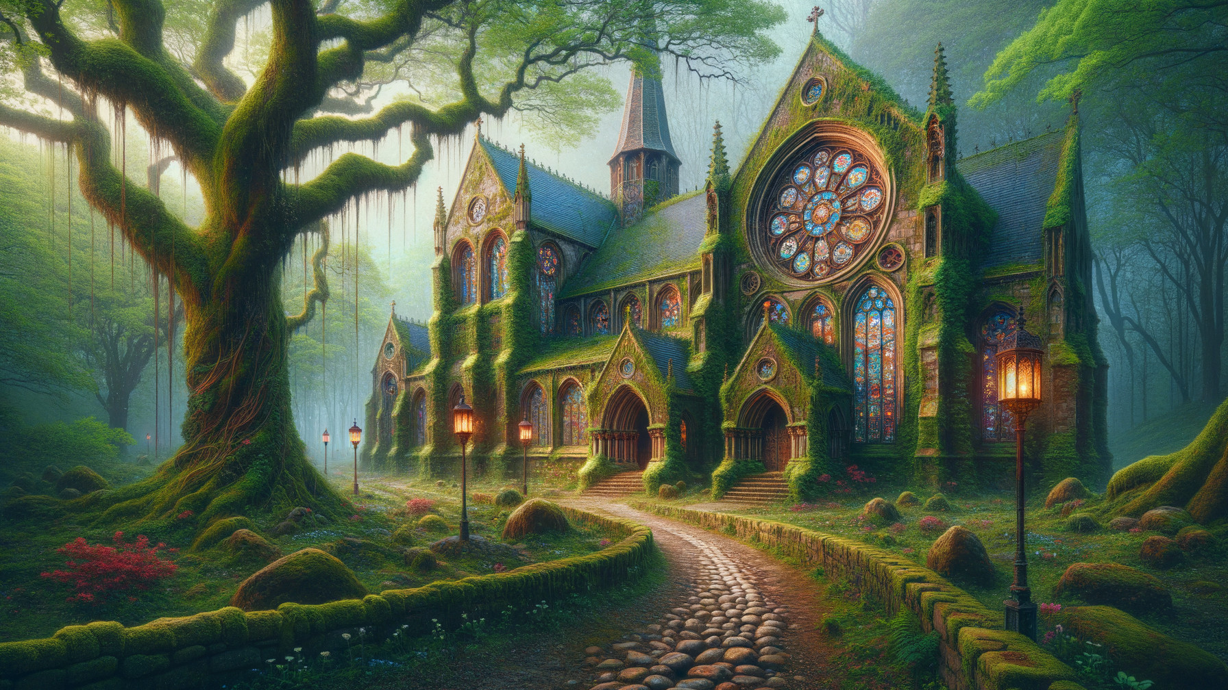 Mystical Forest with Ivy-Covered Church and Lanterns