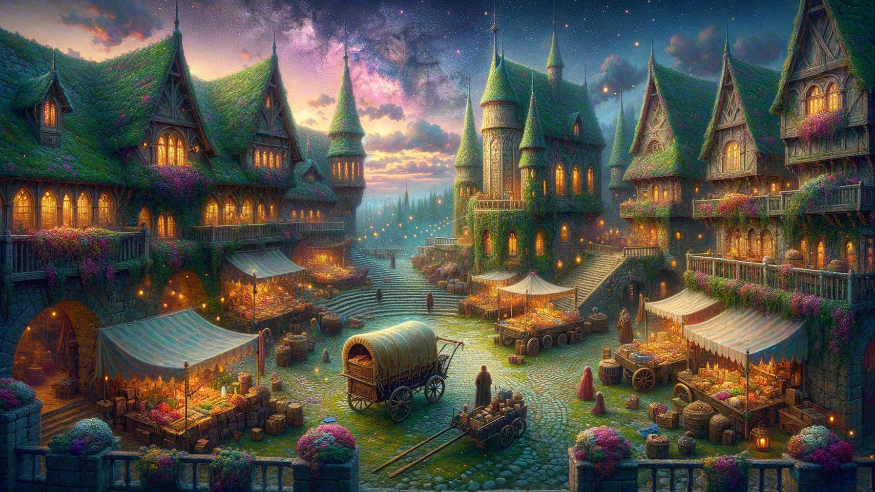 Twilight Scene in a Whimsical Village with Market Stalls