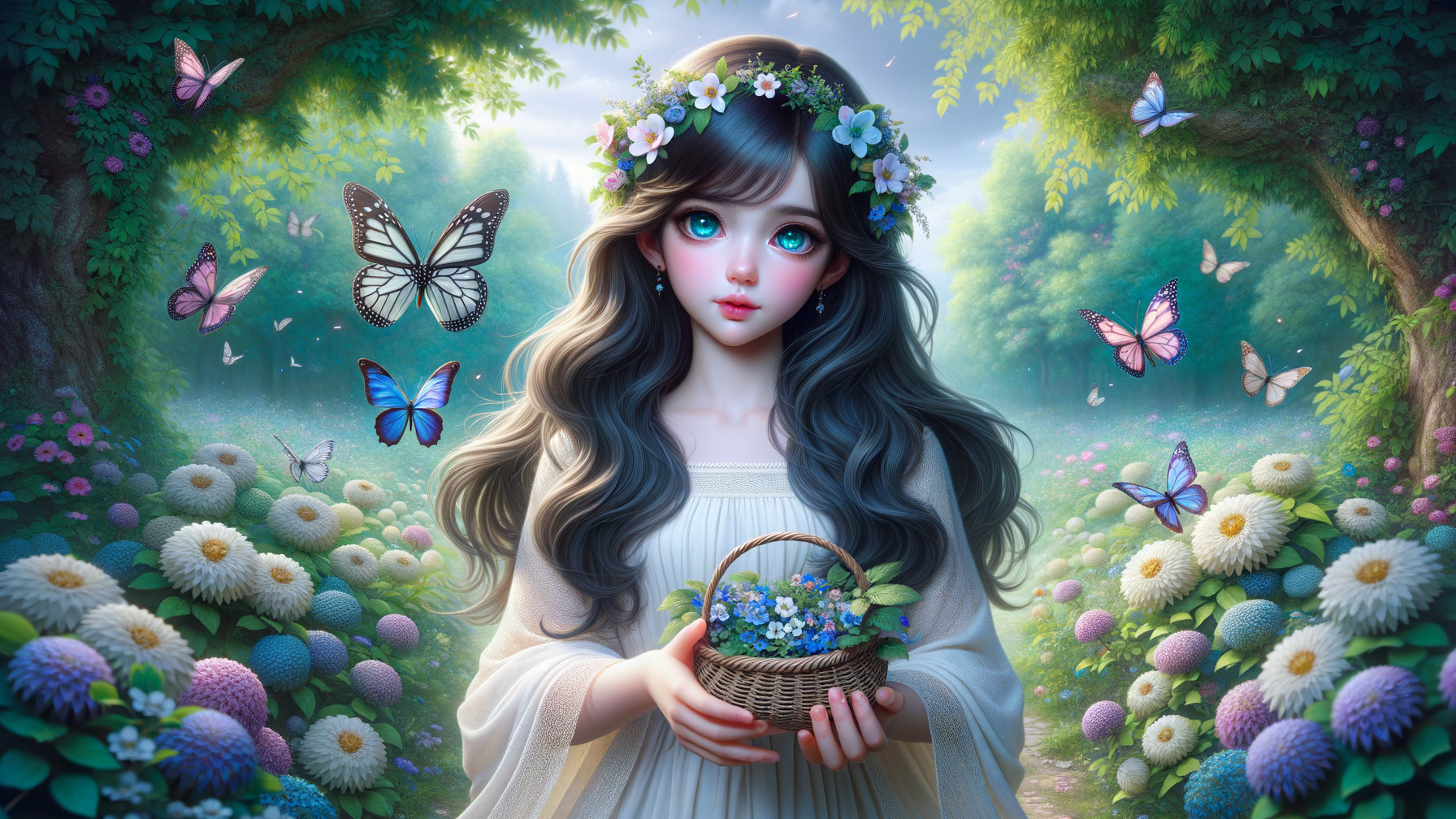 Young girl in forest with flowers and butterflies