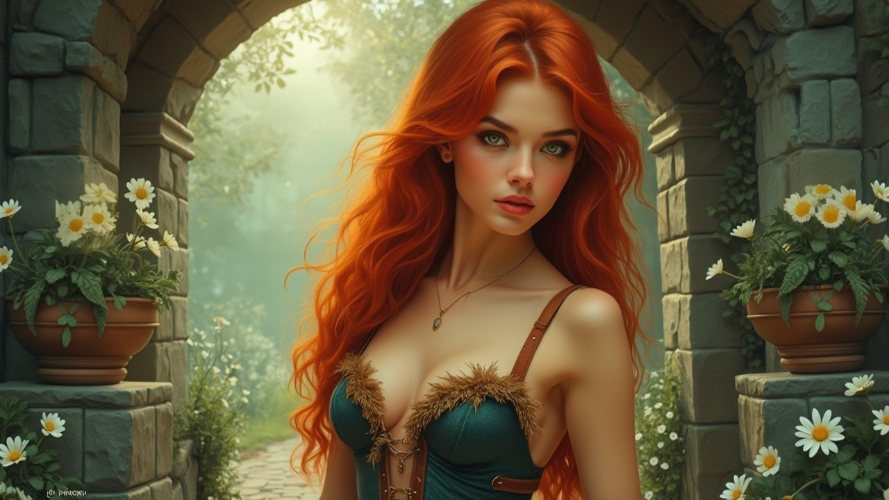 Young woman in vibrant red hair in magical garden