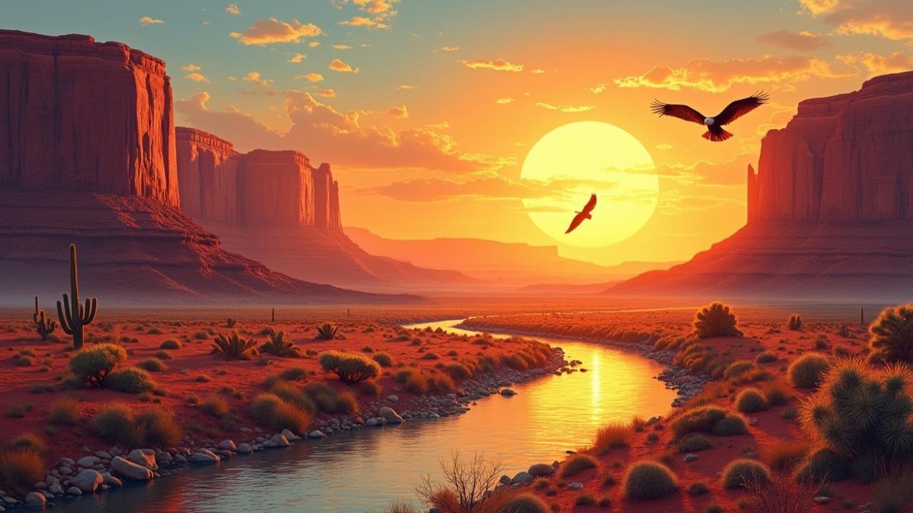 Desert Landscape at Sunset with Red Rocks and River